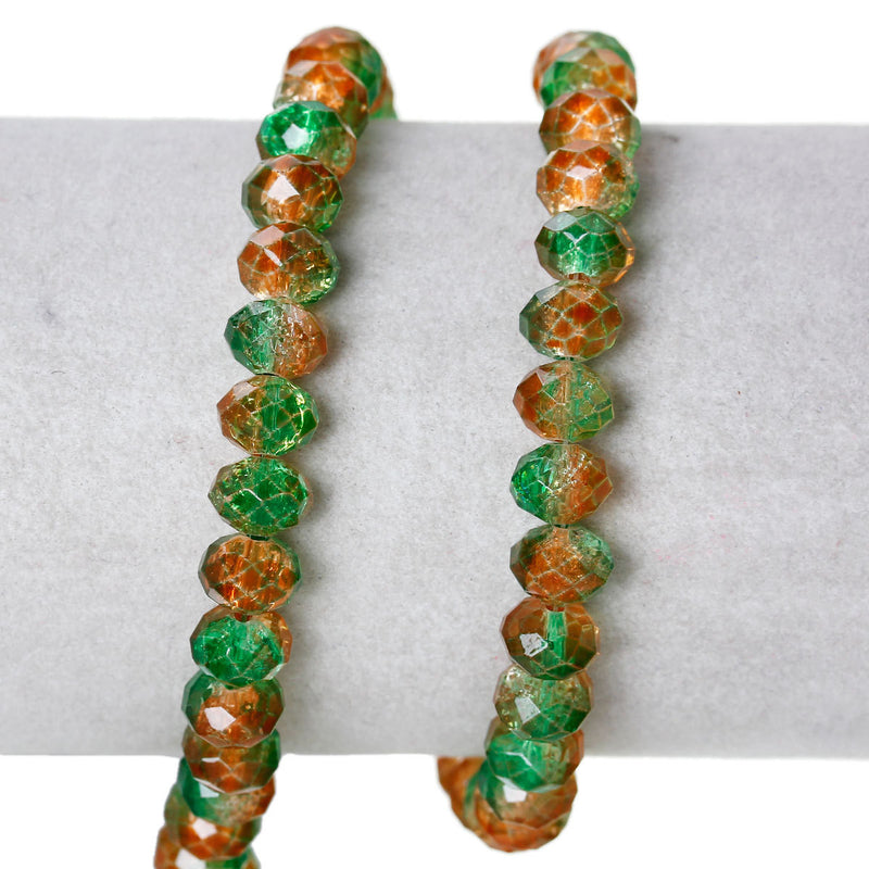 8x6mm Glass Beads, Rondelle GREEN and ORANGE Crackle Glass, full strand, bgl1262