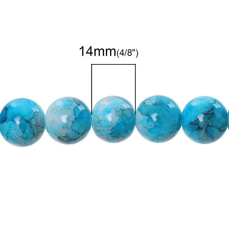 14mm Round Glass Beads, Turquoise Blue, Black, White Watercolor Beads, double strand, marble glass beads, bgl1264
