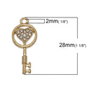 2 Gold Plated Heart Key Charms With Clear Rhinestones, chg0294