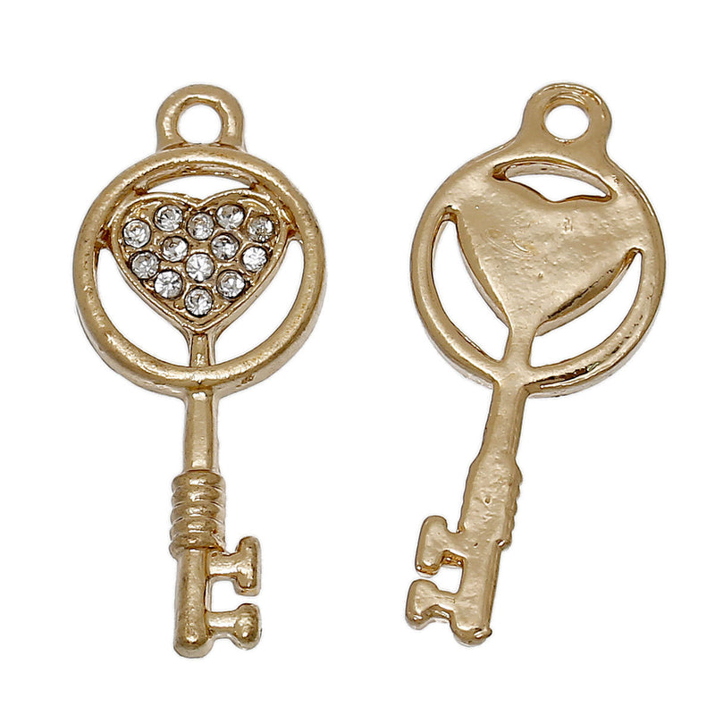 2 Gold Plated Heart Key Charms With Clear Rhinestones, chg0294