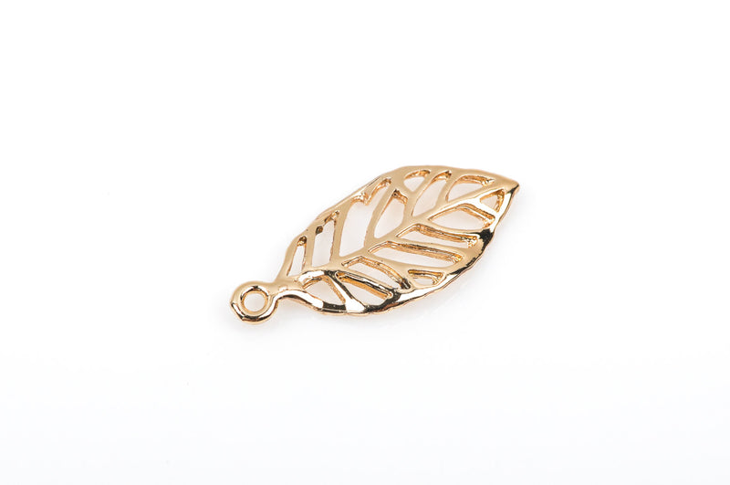 10 LEAF Charm Pendants, light gold plated metal, open cut out design, 28x13mm, chg0297