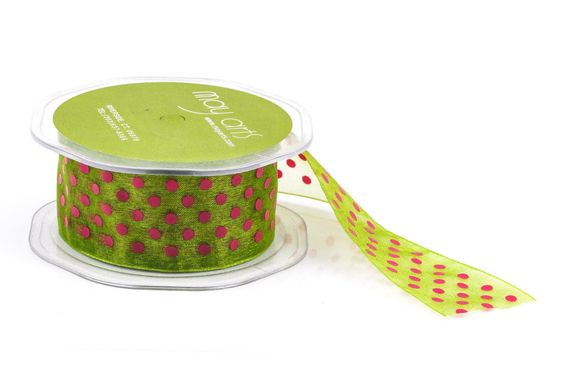 1-1/2" inch wide LIME GREEN Ribbon Sheer Organza with Hot Pink Polka Dots, 2 yards (6 feet)  rib0120