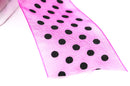 1-1/2" inch wide HOT PINK Ribbon Sheer Organza with Black Polka Dots, 2 yards (6 feet)  rib0125