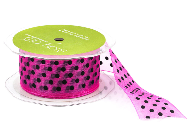 1-1/2" inch wide HOT PINK Ribbon Sheer Organza with Black Polka Dots, 2 yards (6 feet)  rib0125