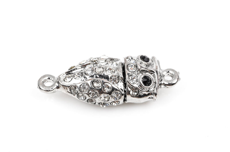 5 Silver Magnetic OWL Clasps, Connector Charms with Clear Rhinestones, fcl0152