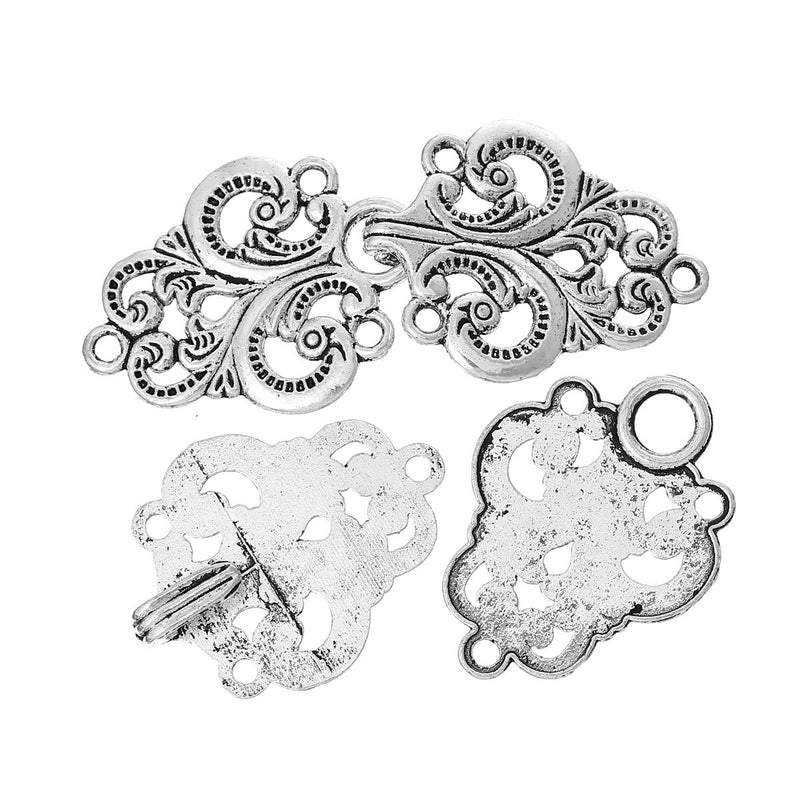 2 Pairs of Silver Filigree Style Connector Clasps, hook and eye clasp, fcl0153