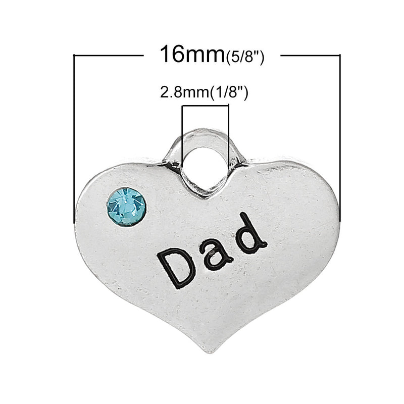 20 Bulk Antique Silver Blue Rhinestone "Dad" Heart Charm Pendant 17x15mm  chs2001b