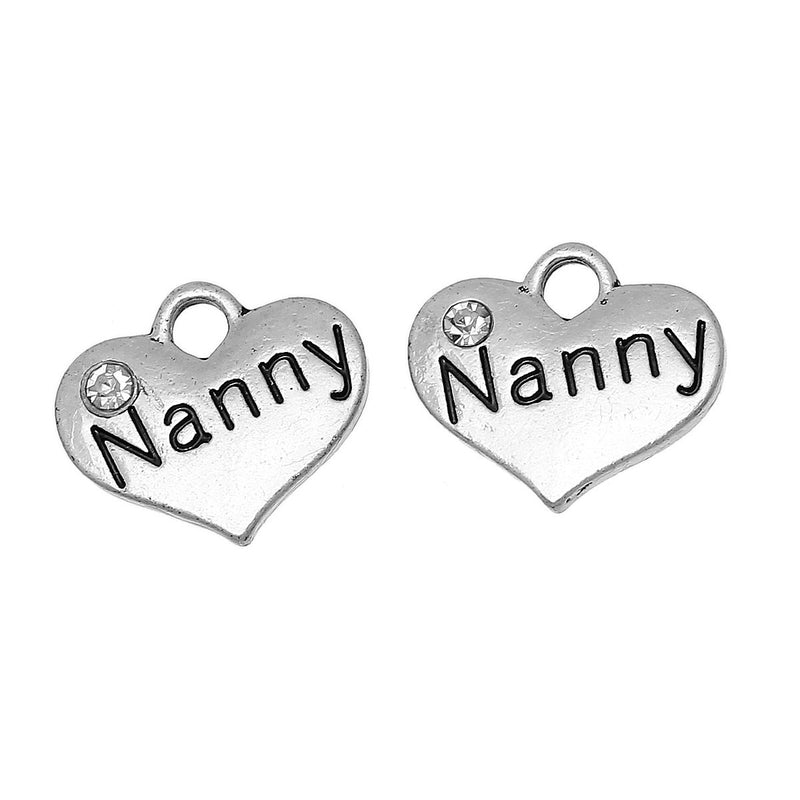 20 bulk Silver Tone Rhinestone "Nanny" Heart Charm Pendants 16x14mm (5/8"x1/2") chs2003