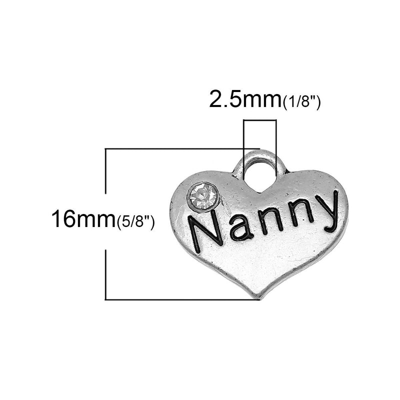 20 bulk Silver Tone Rhinestone "Nanny" Heart Charm Pendants 16x14mm (5/8"x1/2") chs2003