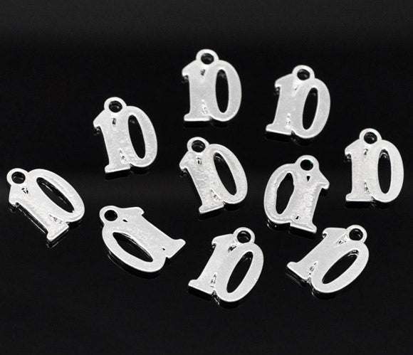 6 Number 10 Charms, Silver Plated Pendants, number TEN, chs1993