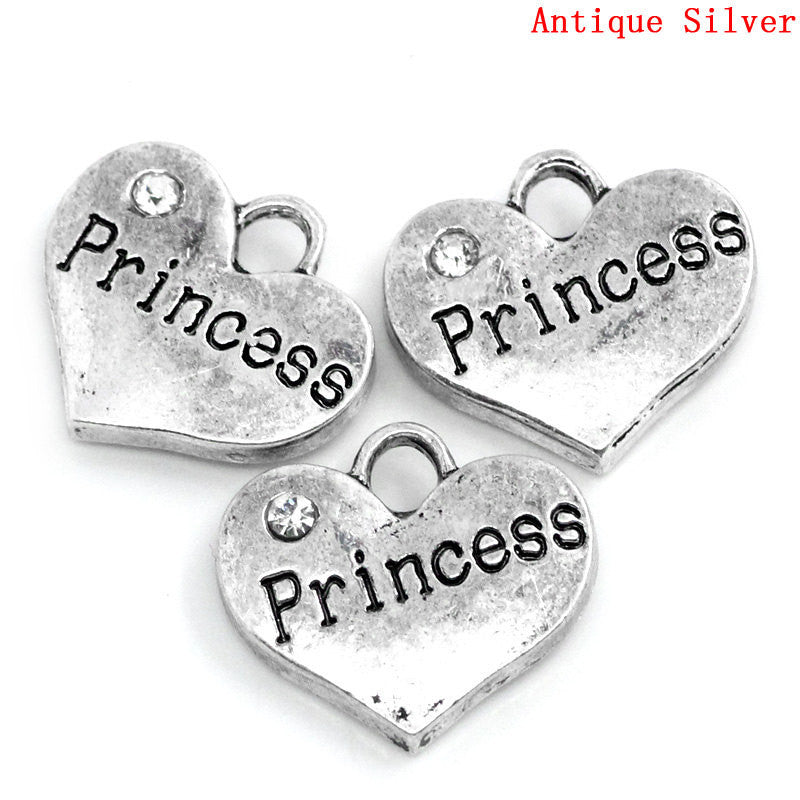 20 Bulk Silver Tone Rhinestone Stamped "princess" Heart Charm Pendant crystal accent chs2011b