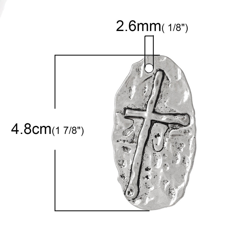 5 Hammered Silver Cross Pendant Charms, large oval 1-7/8" long chs2022