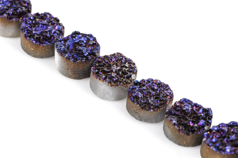 5 Dark Purple DRUZY ROCK CRYSTAL Quartz Round Beads, flat back cabochons,  12mm gdz0099