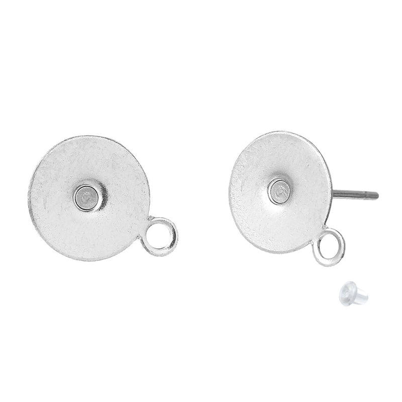 100 Stainless Steel Post Earring Blanks with Loop, includes Rubber Stopper backers, silver metal  (50 pairs), fits 8mm cabochon, fin0449