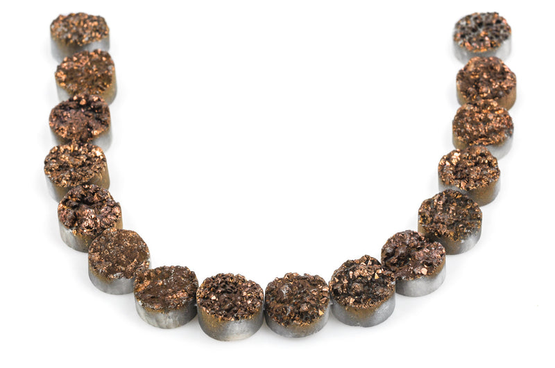 5 Golden Bronze DRUZY ROCK CRYSTAL Quartz Round Beads, flat back cabochons,  12mm gdz0103