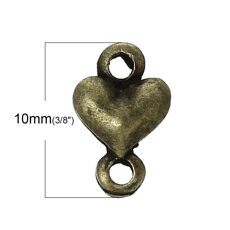 20 Small Antique Bronze Puffy Heart Charm Tags, 2-hole connector links 10x6mm  chb0397