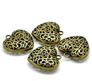 3 Large FILIGREE HEART Pendants, Antique Bronze Metal, 2" x 2"  chb0398