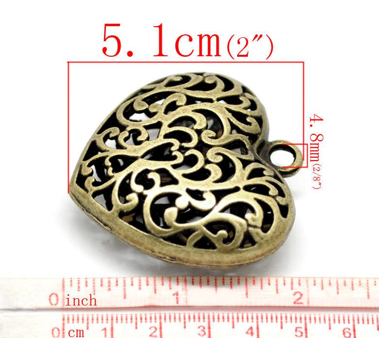 3 Large FILIGREE HEART Pendants, Antique Bronze Metal, 2" x 2"  chb0398