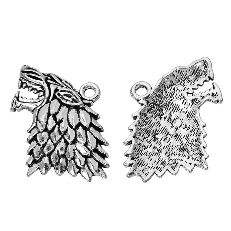 5 Large WOLF HEAD Charms Pendants, antiqued silver metal, 1-3/4"   chs2030