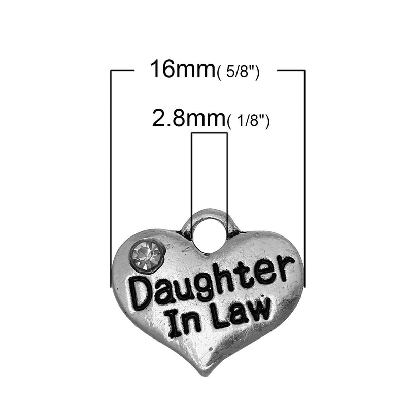 20 bulk package DAUGHTER IN Law Antique Silver Tone Charm Pendants, heart with rhinestones  chs2038