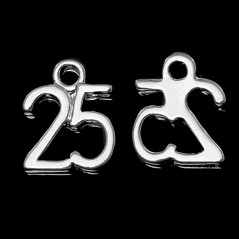 6 Number 25 Charms, Silver Plated Pendants, number twenty five, chs2042
