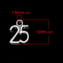 6 Number 25 Charms, Silver Plated Pendants, number twenty five, chs2042