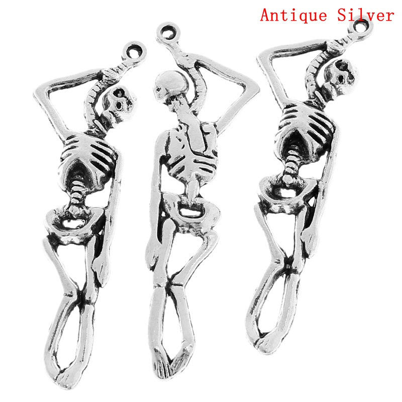 8 SKELETON with NOOSE Charms Pendants, Hanging Skeleton, Silver Tone Metal   chs2026