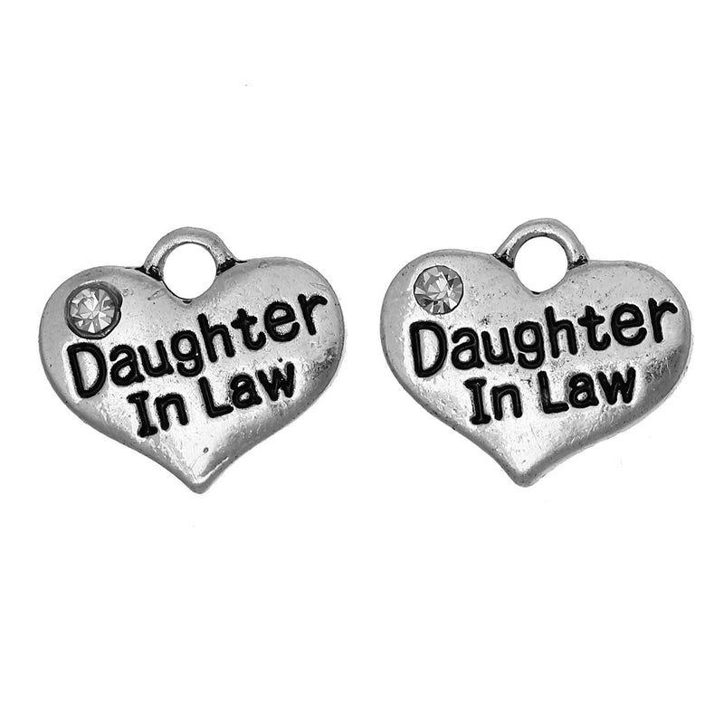 20 bulk package DAUGHTER IN Law Antique Silver Tone Charm Pendants, heart with rhinestones  chs2038