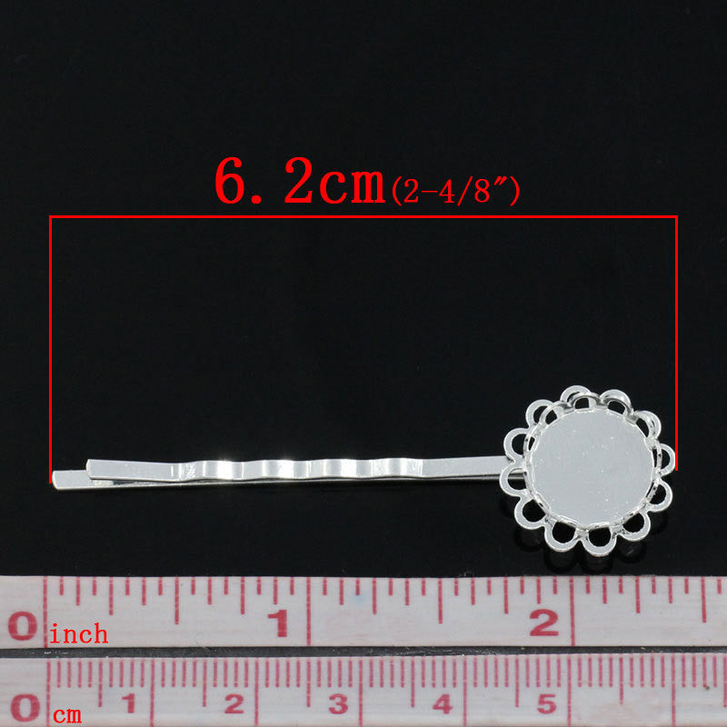 20 Silver Plated Metal Bobby Pins Hair Clips, hair pin, bezel fits 12mm round cabochons fin0453