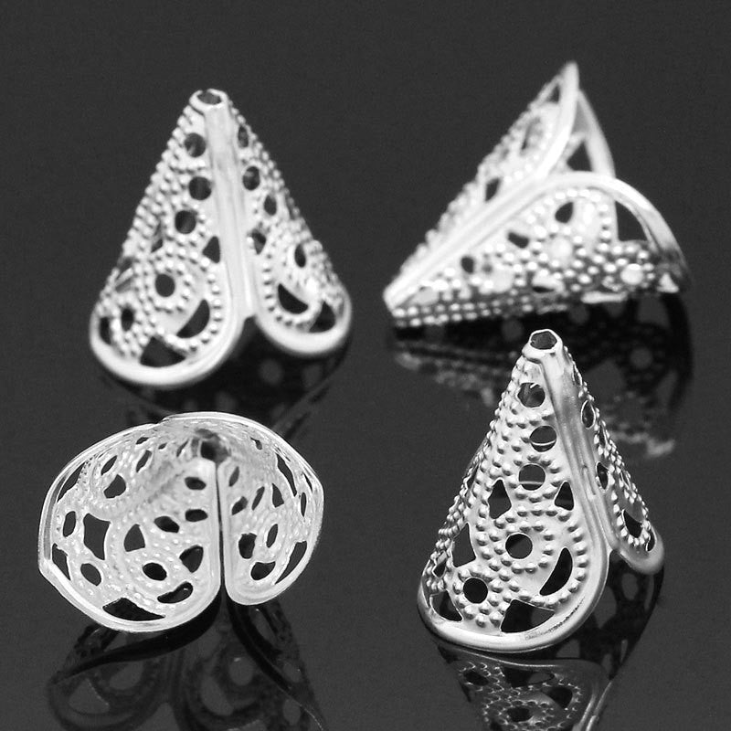 20 Filigree Bead Cones, bead caps, bright silver plated, 16mm long, opening is 16x11mm adjustable fin0454