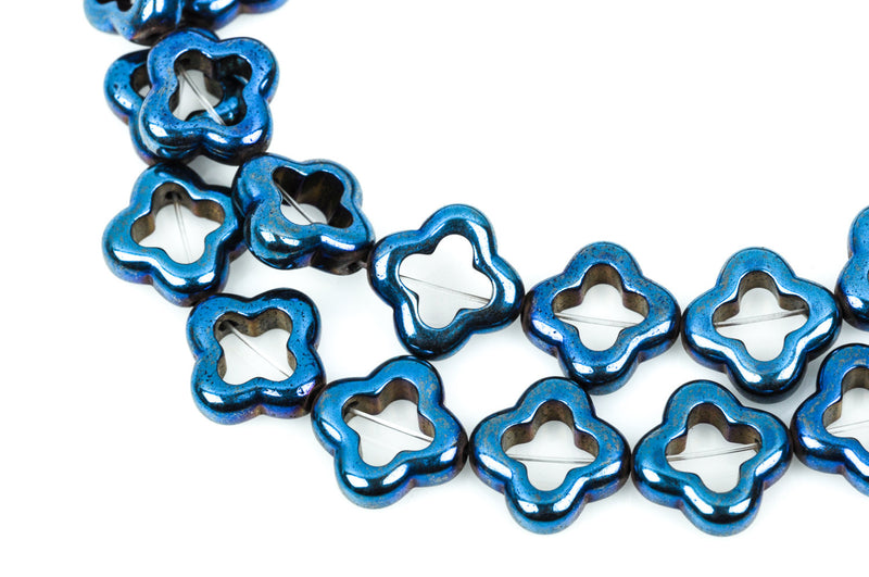 12mm Titanium HEMATITE Quatrefoil Gemstone Beads, BLUE metallic, full strand, ghe0099