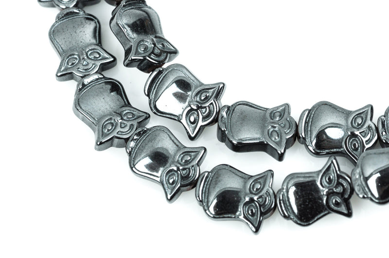 10x8mm HEMATITE OWL Gemstone Beads, carved steel grey gunmetal metallic, full strand, ghe0100