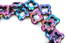 12mm Titanium HEMATITE Quatrefoil Gemstone Beads, MARDI GRAS colors, green, blue, purple, gold metallic, full strand, ghe0095