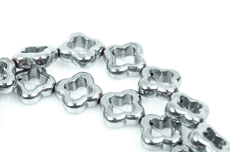 12mm Titanium HEMATITE Quatrefoil Gemstone Beads, SILVER metallic, full strand, ghe0098