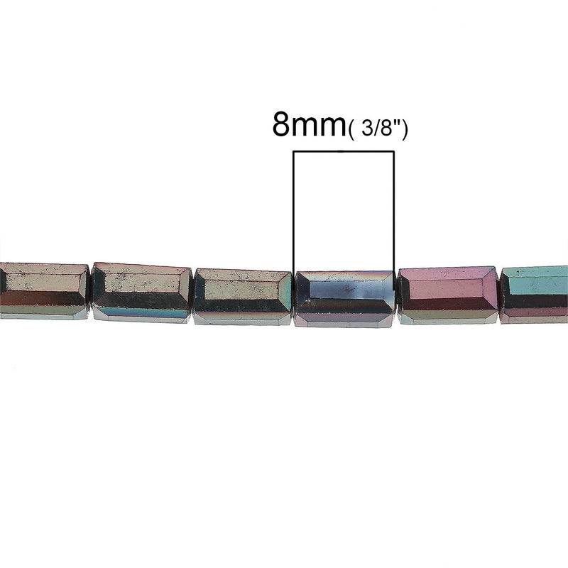 8x4mm WATERMELON Plated Rectangle Column Crystal Glass Beads, maroon and green metallic, opaque, faceted, double strand, bgl1289