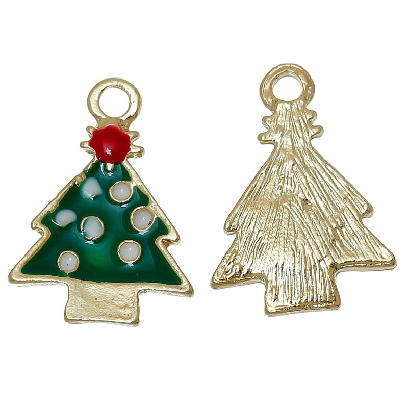 5 CHRISTMAS TREE Charms or Pendants . Gold Plated with enamel, 5/8" chg0305