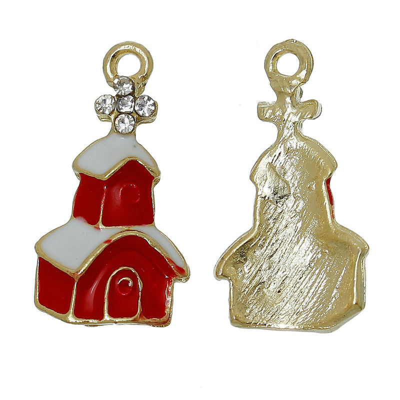 5 CHRISTMAS CHURCH Charms or Pendants . Gold Plated with enamel and rhinestone accents, 5/8" chg0307
