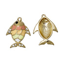5 FISH Charms or Pendants . Gold Plated with enamel and rhinestone accents, 3/4" chg0308