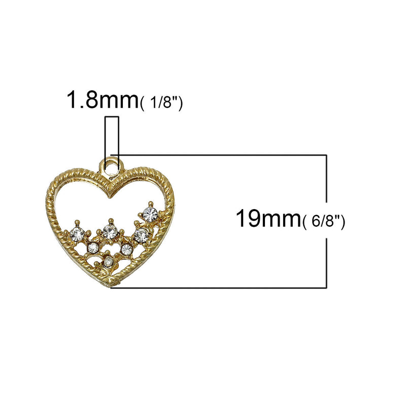 5 GOLD HEART Charms or Pendants . Gold Plated with rhinestone accents, 7/8" chg0316