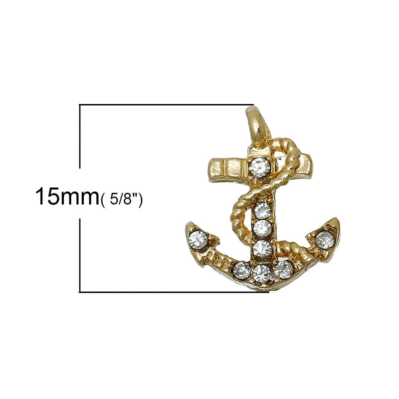 5 ANCHOR Charms or Pendants . Gold Plated with rhinestone accents, 1/2" chg0315