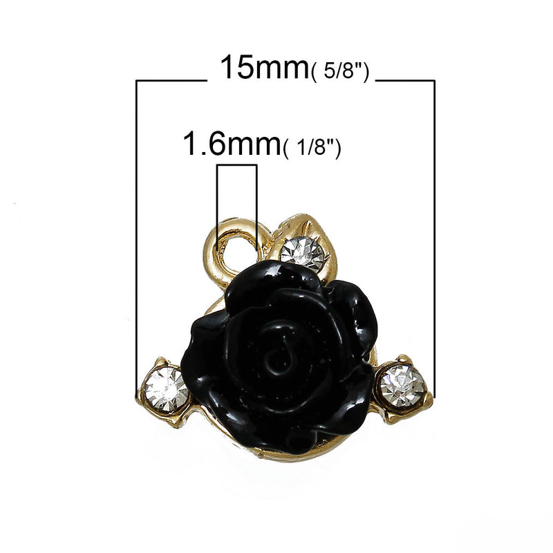 5 BLACK ROSE Charm Pendants, small gold plated, resin rose with rhinestones, 15x13mm, chg0320