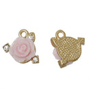 5 PINK ROSE Charm Pendants, small gold plated, resin rose with rhinestones, 15x13mm, chg0321