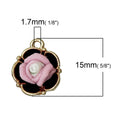 5 PINK and BLACK Rose Charm Pendants, small gold plated, resin roses, 15x13mm, chg0323