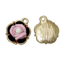 5 PINK and BLACK Rose Charm Pendants, small gold plated, resin roses, 15x13mm, chg0323