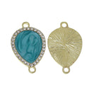 5 TURQUOISE BLUE Teardrop Connector Links, Charm Pendants, gold plated, swirl enamel with rhinestones, 1.25" long chg0324