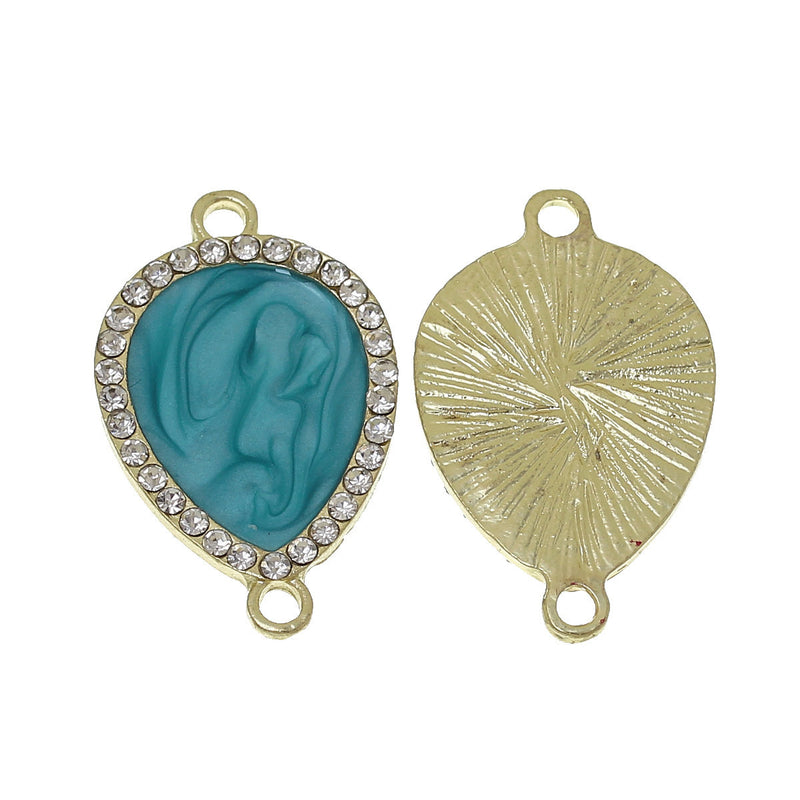 5 TURQUOISE BLUE Teardrop Connector Links, Charm Pendants, gold plated, swirl enamel with rhinestones, 1.25" long chg0324