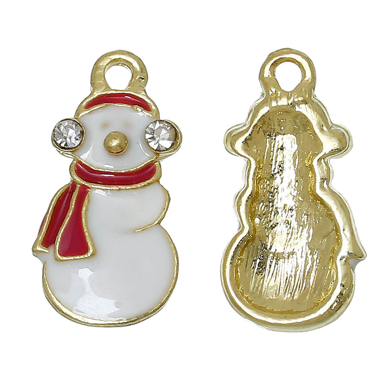 5 CHRISTMAS SNOWMAN Charms or Pendants . Gold Plated with enamel and rhinestone accents, 5/8" chg0334
