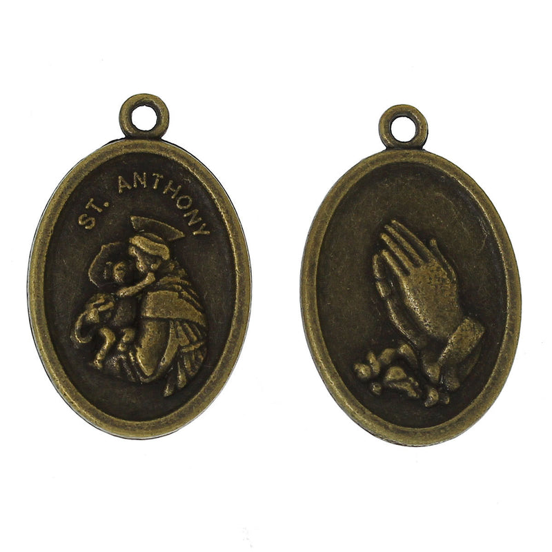 10 RELIGIOUS MEDAL Pendant Charms, Saint Anthony charms, praying hands, rosary charms, bronze tone metal, oval double sided, 1" chb0404