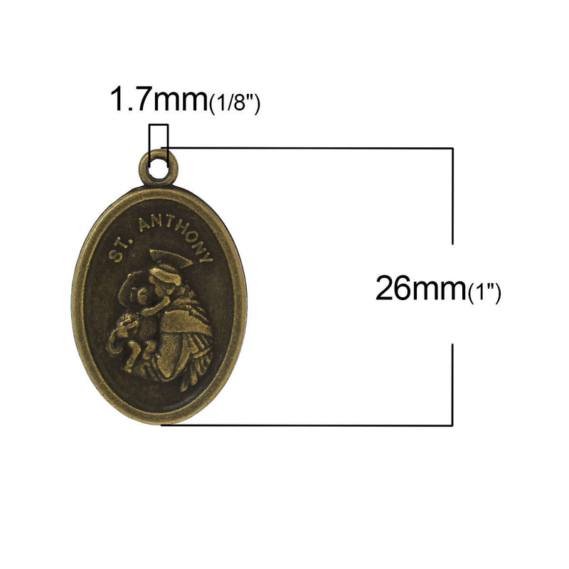 10 RELIGIOUS MEDAL Pendant Charms, Saint Anthony charms, praying hands, rosary charms, bronze tone metal, oval double sided, 1" chb0404