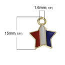 5 USA STAR Charms or Pendants . Gold Plated with enamel, red white blue, 5/8" chg0336a